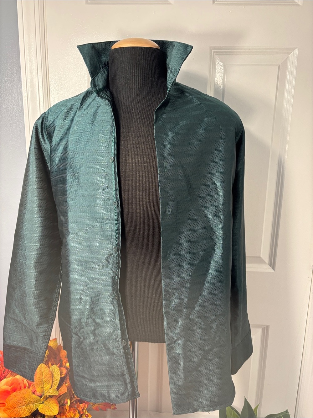 Barry Wang Men’s Medium Teal Green Silk Blend Long Sleeve Dress Shirt. - Picture 10 of 12
